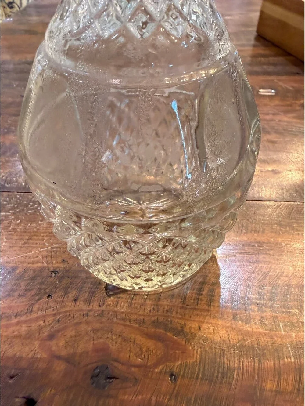 Pressed Glass Decanter with Diamond Cut Pattern and Crown/Grape Motif Stopper